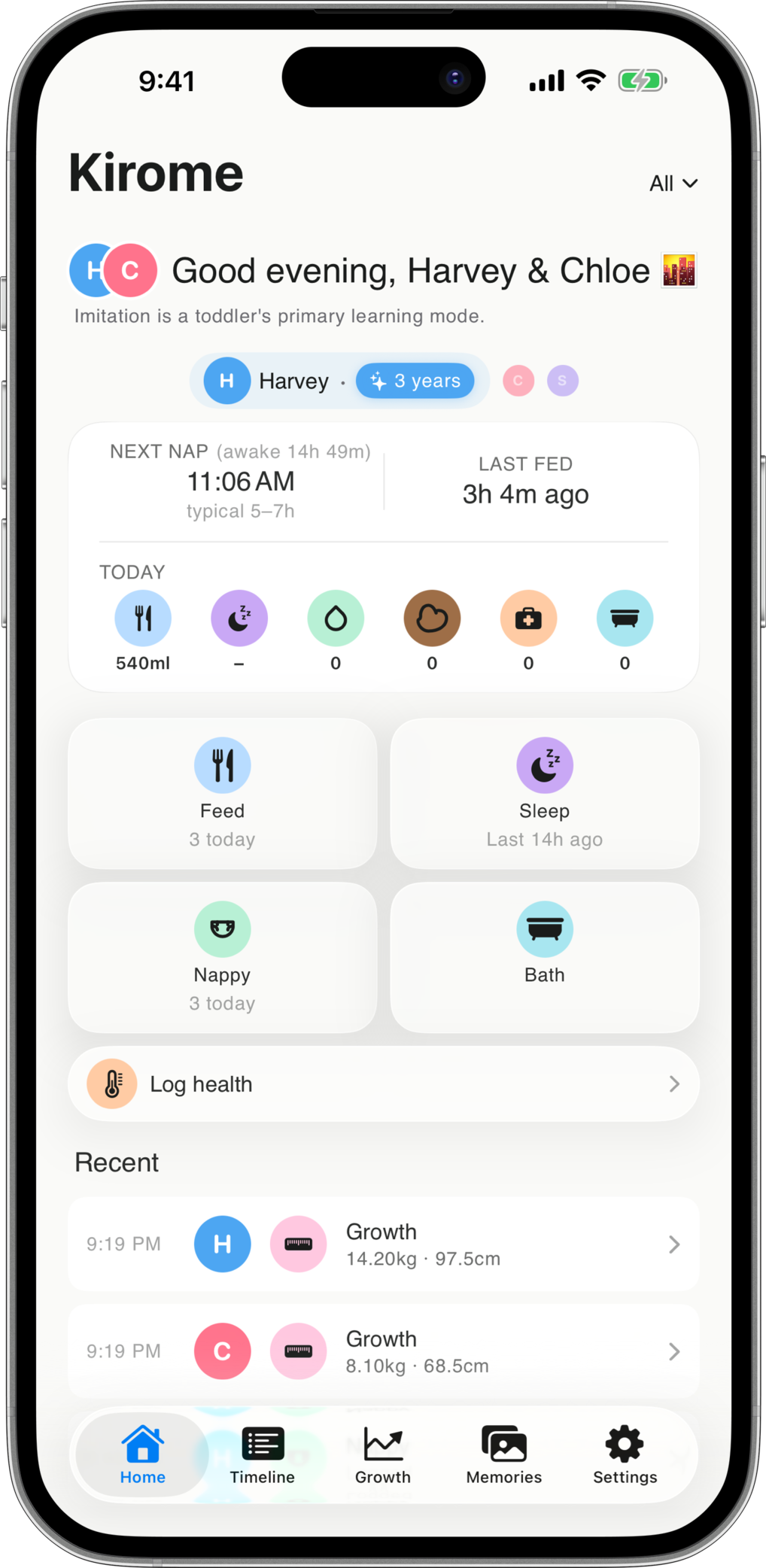 Kirome dashboard on iPhone — Sleep, Feed, Nappy, Growth tiles plus recent activity