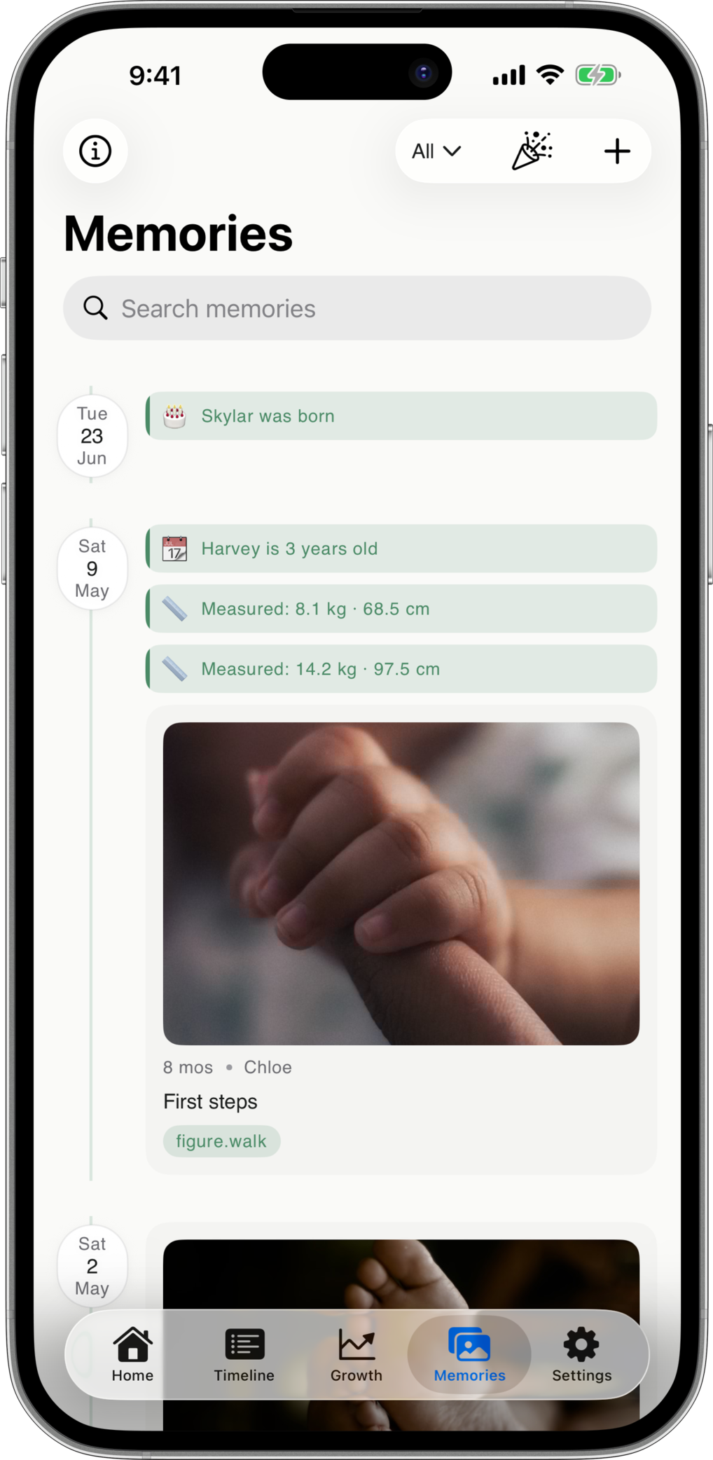 Kirome memories view on iPhone — chronological photos, videos, and milestones
