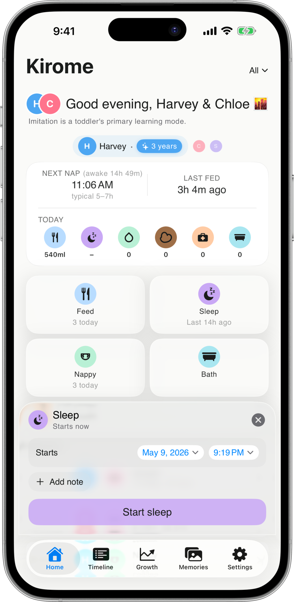 Kirome sleep view on iPhone — predicted wake window and recent naps